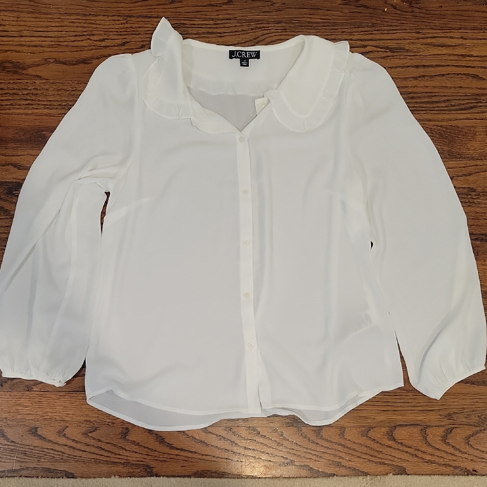 J. Crew White Ruffle-Trim Button-Down Blouse